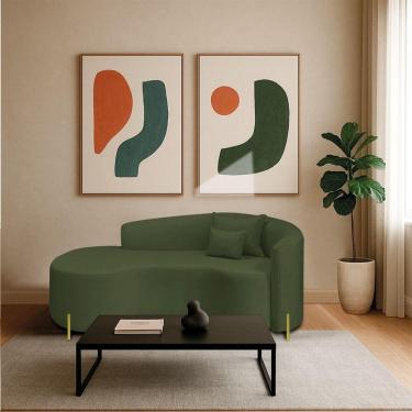 Imagem de Divã Recamier Curvo Sala De Estar Recepção Inglaterra 180cm Pés Metal Dourado Lado Esquerdo Linho Verde