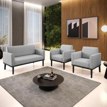 Imagem de Conjunto 2 Poltronas e 1 Namoradeira Decorativa Isabella Pés Fixo em Madeira Preto Linho Cinza G19 - Gran Belo
