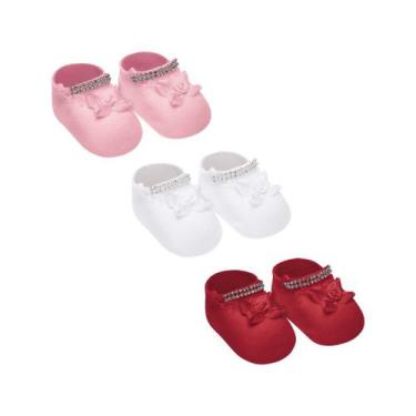 Imagem de Kit 3 Meias Sapatinho Bebê Recém Nascido Strass Selene 1003, RN, Rosa