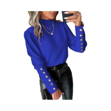 Imagem de Camisa Feminina De Manga Longa Em Cor Sólida Com Renda E Gola Redonda,