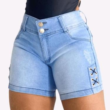 Imagem de Short Jeans Feminino Cintura Alta Lycra Empina Bumbum Com Ilhós Premiu