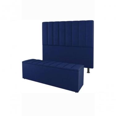 Imagem de Kit De Quarto Roma Cabeceira De Cama Box E Calçadeira Baú Queen 160 Cm Suede Azul Marinho Do Lar Móveis E Decoração