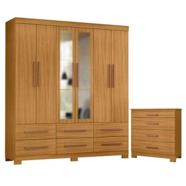 Imagem de Cômoda 4 Gavetas New e Guarda Roupa Casal New Kansas com Espelho Carvalho Americano TX -Incorplac