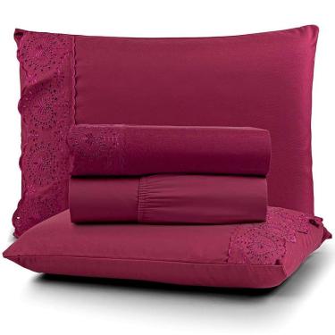 Imagem de Jogo De Lençol Casal Nobless Bordado Micropercal 200 Fios Toque De Algodão 4 Peças Bordô