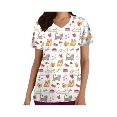 Imagem de Blusa De Enfermagem Feminina Com Estampa De Gato Fofo, Uniforme Cirúrg