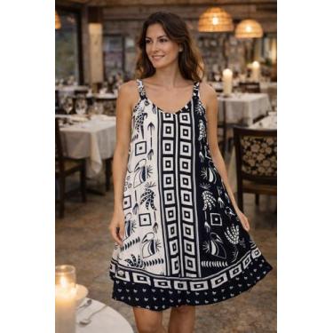 Imagem de Vestido Feminino Alça Trapézio Com bolso Estampa Geométrico Cor:PretoT