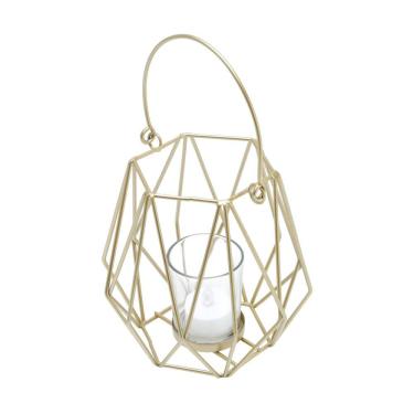 Imagem de Lanterna Porta Vela de Metal Aramado Dourado C/Alça e Copo de Vidro 15x15cm Royal Decor