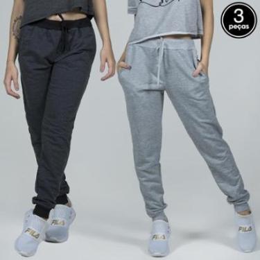 Imagem de Kit 3 Calça Moletom Unissex Academia Treino Jogger Sport Slim Adulto Luxo-Feminino