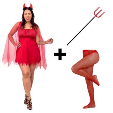 Imagem de Fantasia Diabinha Adulto Completa Tiara Com Chifre Tridente Vestido Di