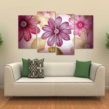 Imagem de Quadro Decorativo Flor Rosa Mosaico Em Tecido 4 Peças 