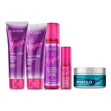 Imagem de Kit Liso Mágico Shampoo + Condicionador + Fluido + Óleo + Máscara Mirtilo 240g Lowell