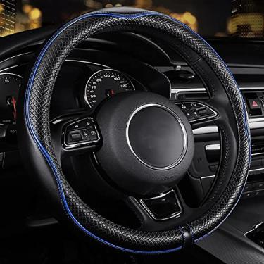 Imagem de Caro De Couro Pressionando A Manga Do Volante Do Volante Four Seasons Univeral Respirável Non -slip 15 -Polegada, Linha Azul De Pele Preta
