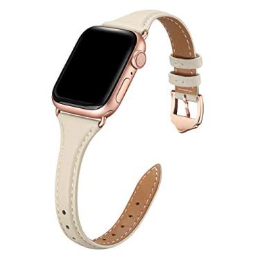 Imagem de WFEAGL Pulseiras de Couro Compatíveis com Apple Watch 38mm 40mm 41mm, Pulseira Fina de Couro de Grão Superior para iWatch Série 8/7/SE/6/5/4/3/2/1 - Marfim Branco/Adaptador Rosa