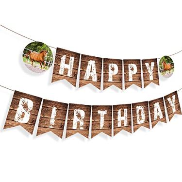 Imagem de Kristin Paradise Cartaz de feliz aniversário de cavalo, placa de festa de vaqueiro/vaqueira, decorações de tema Kentucky Derby, suprimentos de chá de bebê menino ocidental, primeiro dia para crianças