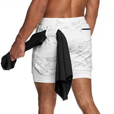 Imagem de Bestgift Shorts de corrida masculino casual, para uso ao ar livre, cor lisa, respirável, de camada dupla, Camuflagem branca, M