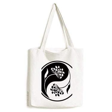 Imagem de Culture Yin-yang Bolsa de lona com flor preta e branca bolsa de compras casual