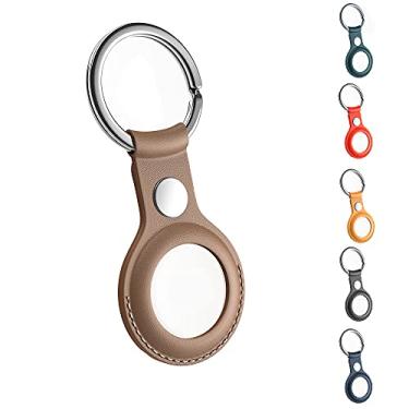 Imagem de Capa protetora de couro para Apple AirTag com chaveiro, capa de chaveiro AirTag fácil de carregar para AirTags Finder chaveiro mochilas forro bolsa acessório (marrom)