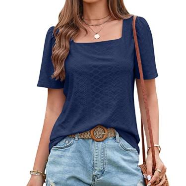 Imagem de Camiseta feminina de verão manga curta ajuste solto blusa manga quadrada oca doce camisa tops para usar com leggings, azul marinho, P