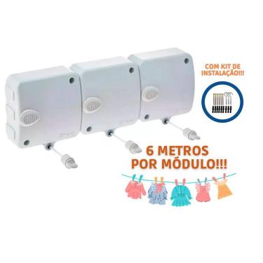 Imagem de Varal Retrátil De Parede Automático Com 3 Módulos De 6Metros