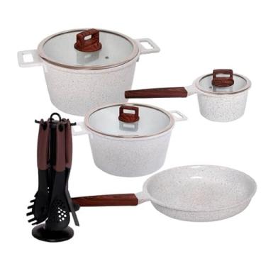 Imagem de Jogo Panelas Indução Antiaderente Revestimento Mármore Cerâmico 16 peças Branco