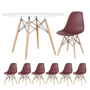 Imagem de Mesa Redonda Eames 120cm Branco + 6 Cadeiras Marrom