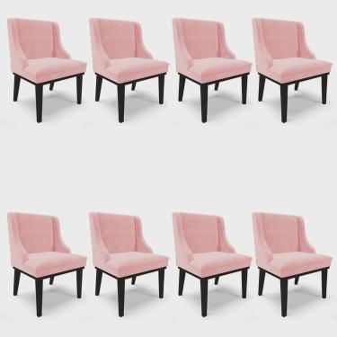 Imagem de Kit 8 Cadeiras Estofadas para Sala de Jantar Base Fixa de Madeira Preto Lia Suede Rosa bebê - Ibiza