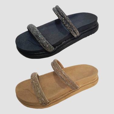 Imagem de Kit 2 Pares Sandália Flatform Moda Pé Papete Anatômica Tiras Strass Preto e Caramelo  feminino