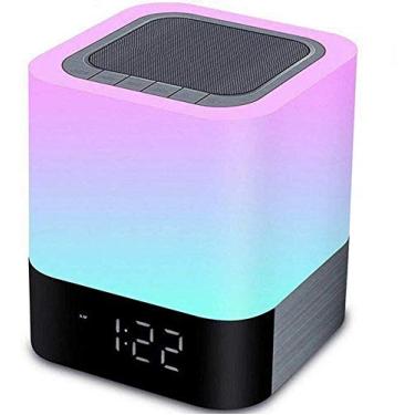 Imagem de Luz noturna Aisuo – Lâmpada 5 em 1 com alto-falante Bluetooth, bateria de 4000 mAh e relógio despertador digital de calendário 12/24H, controle de toque e regulável de cor, suporte de cartão TF e SD, decoração de sala, leitor de música.