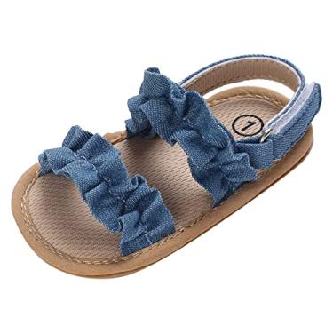 Imagem de Sandálias infantis para bebês com bico aberto com babados laterais tênis infantis leves antiderrapantes cor sólida plissada sandálias de lona com gancho, Azul, 6-12 Meses