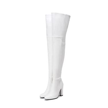 Imagem de Frankie Hsu Bota feminina sexy branca grossa com bico redondo acima do joelho, estilo clássico na coxa, salto alto grande tamanho grande acima do joelho botas de cano alto para mulheres, Branco, 18