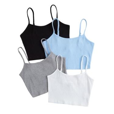 Imagem de Floerns Camiseta feminina plus size lisa, 4 peças, malha canelada e alças finas, Preto, azul, cinza, branco, 4G Plus Size