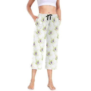 Imagem de KLL Calça de pijama feminina, calça de pijama elástica para mulheres, cintura alta, calças de pijama com flores, verde, roxo, Flores verdes e roxas, X-Large