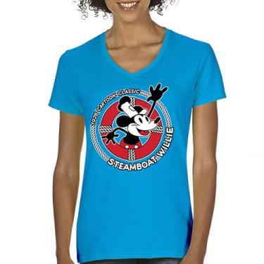 Imagem de Camiseta feminina Steamboat Willie Life Preserver gola V engraçada clássica desenho animado praia Vibe Mouse in a Lifebuoy Silly Retro Tee, Turquesa, M