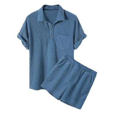 Imagem de Conjunto masculino casual de verão sólido de veludo cotelê solto de veludo cotelê de duas peças, conjuntos de camisetas e shorts masculinos, Azul, P