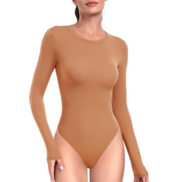 Imagem de HeyNuts Body feminino de manga comprida ultramacio de camada dupla, gola redonda, caimento justo, camiseta básica, Damasco caramelo, M