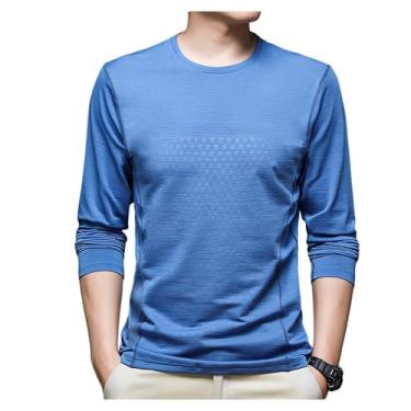Imagem de Camisa esportiva masculina manga longa cor sólida camiseta atlética gola redonda respirável para treino, Azul claro, XG
