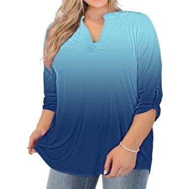 Imagem de AMCLOS Camisetas femininas plus size, gola V, casual, macia, rodada, manga comprida com botões, Azul floral, 3G Plus Size