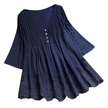 Imagem de Blusa feminina vintage de renda três quartos gola V plus size blusa feminina solta, Azul marino, GG