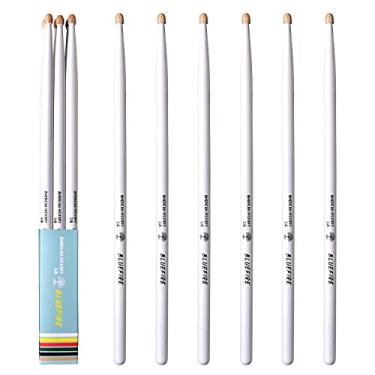 Imagem de 6 varas/3 pares de baquetas 5A de cor branca, baquetas clássicas de 5A, baquetas de nogueira com pontas de bolota, para bateria acústica ou eletrônica, baqueta Bluefire, peso correspondente. Peso