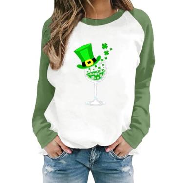 Imagem de Camiseta feminina com estampa de bandeira americana verde de manga comprida Dia de São Patrício Lucky Mama, Marrom, 3G