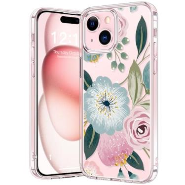 Imagem de bicol Capa projetada para iPhone 15 Plus, capa transparente com designs modernos para meninas e mulheres, capa de telefone de acrílico protetora à prova de choque de ajuste fino 6,7 polegadas, flor azul rosa