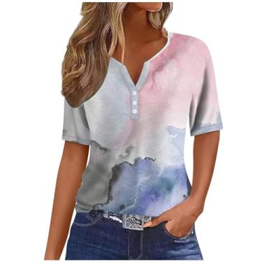 Imagem de Camisetas femininas de manga curta outono verão gola V gradiente ajuste solto tie dye longo camiseta feminina 2024, D-142 multicolorido, 3G