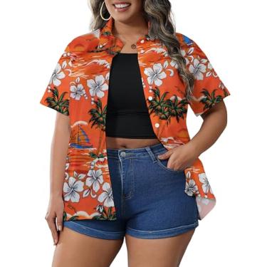 Imagem de HDLTE Camisetas femininas havaianas plus size estampa tropical floral gola V verão blusas de botão 1x-5x, Laranja, 4X