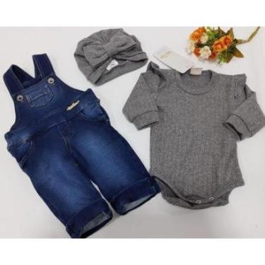 Imagem de Kit Jardineira +  Body + Touca Bebe Menina Longo Jeans 254 - Preto - RN-Feminino