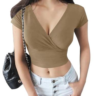 Imagem de LYANER Camiseta feminina com gola V profunda, manga curta, justa, lisa, cropped, Caqui, G
