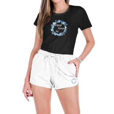 Imagem de Conjunto Feminino Verão Moda Praia Camiseta de Algodão e Short de Tactel Estampados (PRETO E BRANCO FLORES, M)