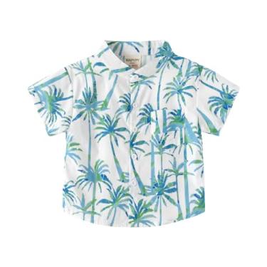 Imagem de Yueary Camisa social havaiana casual para bebês meninos com estampa de folhas com botões e manga curta para férias, Verde, 100/2-3 Y