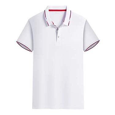 Imagem de Polos de desempenho masculino algodão listrado colarinho cor sólida camisa de malha colarinho manga curta absorção de umidade esporte seco casual(Color:White,Size:XXXXL)