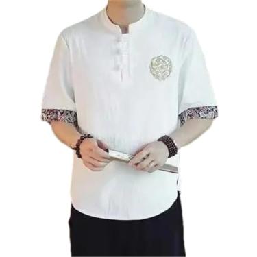 Imagem de Camiseta masculina de algodão e linho de manga curta estilo chinês de verão roupa de linho de algodão meia manga, H51-branco, GG