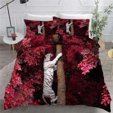 Imagem de Jogo de cama com estampa de tigre branco California King, folha vermelha, conjunto de 3 peças, capa de edredom de microfibra macia 264 x 248 cm e 2 fronhas, com fecho de zíper e laços